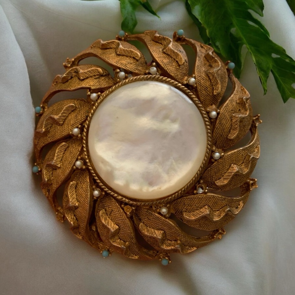 Vintage Gold and Mother of Pearl Brooch with pearl and turquoise accents
